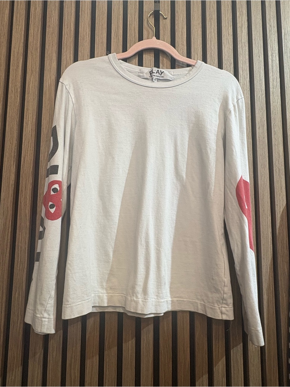 Comme des Garcons PLAY White Long-Sleeve Tee with Red Heart Sleeve Graphics